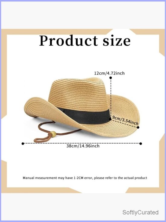 Foldable Wide Brim Straw Cowboy Hat with Drawstring Sun Protection